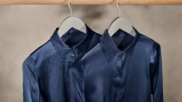 Silk blouses in a wardrobe 